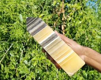 240mm Yellow Zebra Calcite Crystal Tower: Metaphysical Stone Display