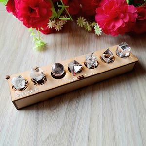 7pcs Clear Quartz Sacred Geometry Platonic Solids Set - Crystal Geometry Set - Healing Crystal Set - Come With Grid Board Wooden Box - Gift