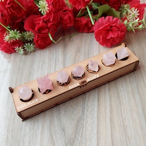 7pcs Rose Quartz Platonic Solids Set: Sacred Geometry Crystals With Wooden Box
