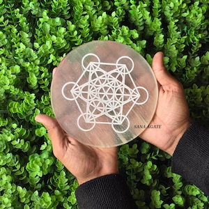 6&quot; Selenite Charging Plate: Sacred Geometry Metatron Crystal Grid