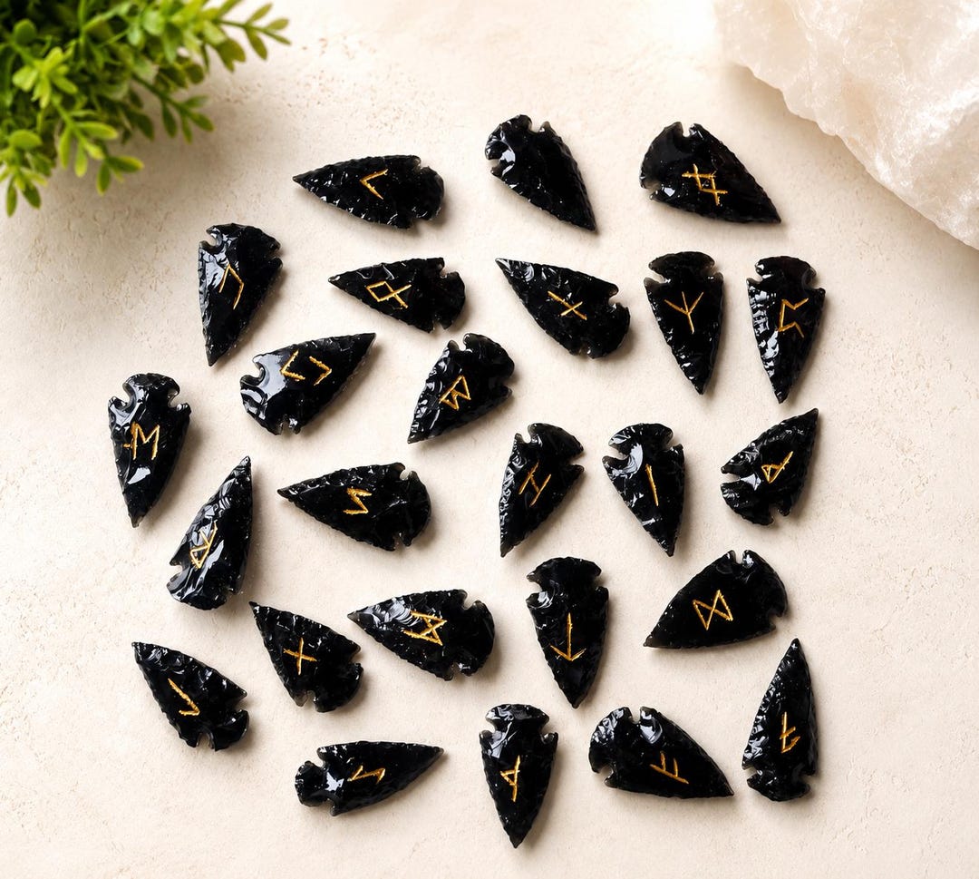 Natural Rune Shell Black Obsidian Arrowhead Runes: Elder Futhark Divination Set, Natural ...