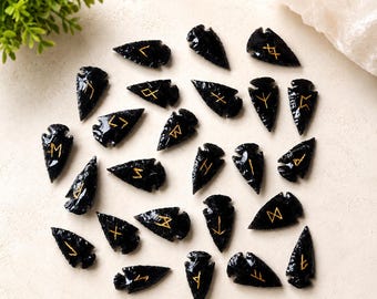 Black Obsidian Arrowhead Runes: Elder Futhark Divination Set, Natural Crystal Stones