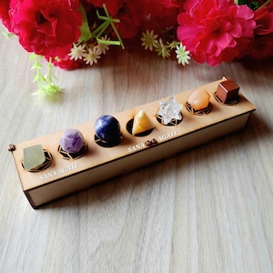 7pcs Seven Chakra Platonic Solids Set: Sacred Geometry Crystals With Wooden Box