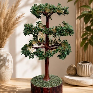 Large Green Jade Gemstone Tree Sculpture: 3000 Chips, Wood Base Home Decor