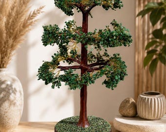 Large Green Jade Gemstone Tree Sculpture: 3000 Chips, Wood Base Home Decor