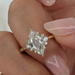 2.20 Carat Marquise Lab Grown Diamond Engagement Ring, 14K Yellow Gold, With Three Round Stones Each Side