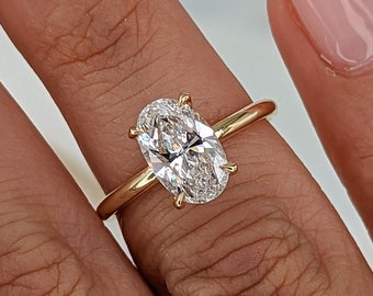 1.50 Carat Oval Lab Grown Diamond Engagement Ring, 14K Yellow Gold Solitaire, Dainty Band
