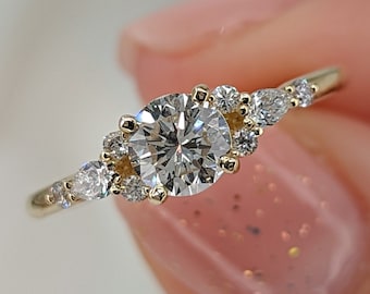 1 Carat Round Brilliant Lab Grown Diamond Engagement Ring, Special Design, Color D Clarity VVS, 14K Yellow Gold
