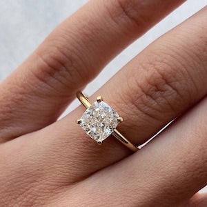 2 Carat Cushion Lab Grown Diamond Engagement Ring, 14K Yellow Gold, Solitaire Ring