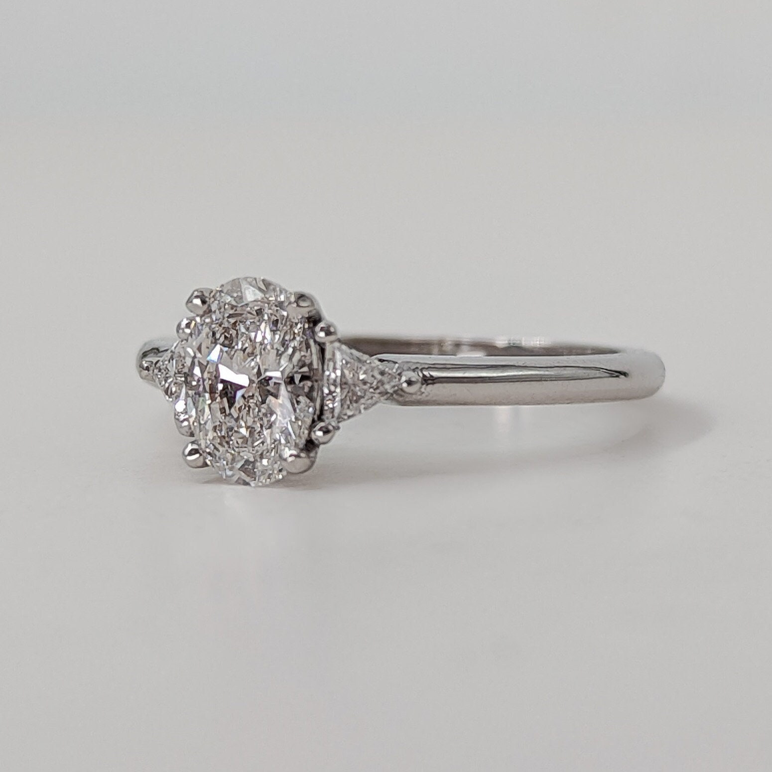 1.20 Carat Oval Lab Grown Diamond Engagement Ring, 14K White Gold Ring with Side Triangle Diamonds