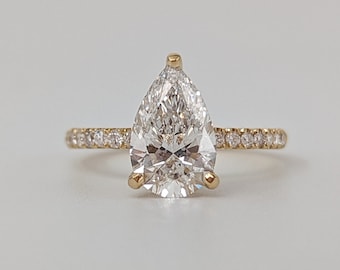 1.20 Carat Pear Shape Lab-grown Diamond Engagement Ring, 14K Yellow Gold with Pave and Hidden Halo