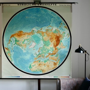 Vintage Schulwandkarte NORDPOL 1960S Nordhalbkugel Original Lehrtafel