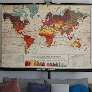 Vintage Schullehrtafel riesig KLIMA der ERDE 1918 Original Lehrtafel