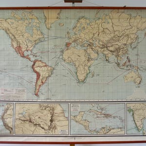 Vintage mappa murale scolastica enorme MAPPA DEL MONDO 1912 Età delle scoperte Tabella educativa originale
