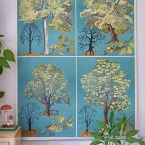 Vintage LAUBBÄUME Schultafel TELLUS Verlag Original Lehrtafel