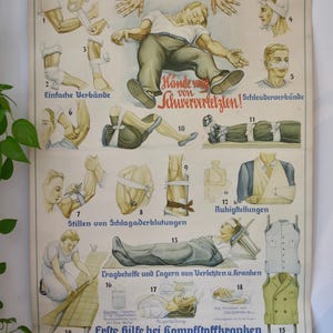 carte scolaire vintage des premiers secours LUFTSCHUTZTAFEL 1935 carte éducative originale