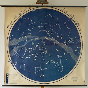 Carte scolaire lithographique vintage CIEL étoilé du NORD des années 1920, carte éducative originale