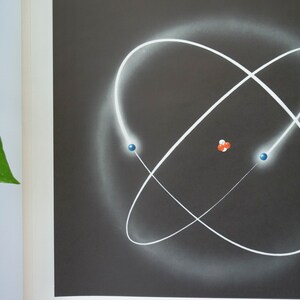 May include: An artistic depiction of an atom, featuring a dark gray background with white orbital paths. Two blue spheres and a cluster of red and white spheres represent atomic components. The image has a scientific or educational theme.