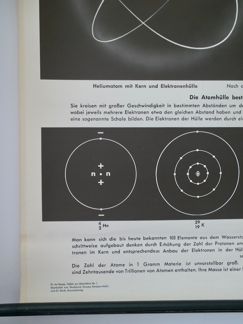May include: A black and white educational poster with diagrams of atomic structures. The poster includes text in German, illustrating atomic models with labeled components like the nucleus and electron shells. The diagrams show the elements Helium and Potassium.