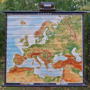 Vintage schoolmuurkaart FYSIEKE kaart EUROPA, originele educatieve kaart 1971