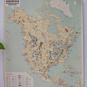carte scolaire vintage AMÉRIQUE DU NORD et centrale « INDUSTRIE et ressources » carte éducative primaire originale Etats-Unis
