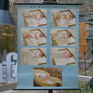 vintage DIAPER TECHNIQUE puériculture infantile/baby school CHART Hagemann 60s Original Educational Chart