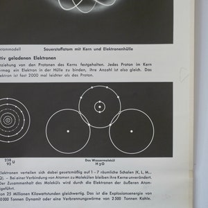 May include: Vintage educational poster featuring scientific diagrams of atomic structures and molecular models. The poster includes text in German, illustrating concepts like protons, electrons, and the water molecule. The poster is black and white.