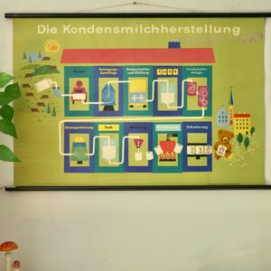 carte scolaire vintage « KONDENSMILCHHERSTELLUNG » années 50 carte éducative originale production de lait concentré