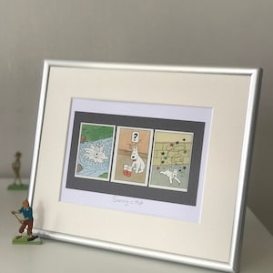 Snowy c.1964, Mounted Snowy Artwork, handmade using  3 original vintage picture cards from Tintin Bubble gum packs of 1960s