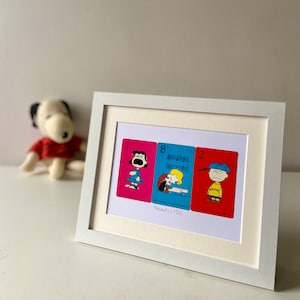 Peanuts c.1965, Mounted Peanuts Artwork, handmade using 3 original vintage cards from the Family Picture Card Game of 1960s