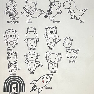 Pu&ograve; includere: Disegni in bianco e nero di vari animali e oggetti, tra cui una sirena, una volpe, un unicorno, un dinosauro, un leone, un ippopotamo, una tigre, una giraffa, una zebra, una scimmia, un elefante, un razzo e un arcobaleno. Le parole sotto ogni immagine sono in tedesco.