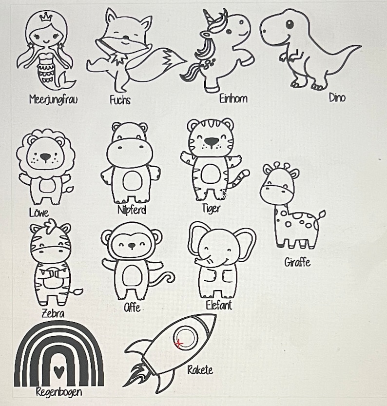Pu&ograve; includere: Disegni in bianco e nero di vari animali e oggetti, tra cui una sirena, una volpe, un unicorno, un dinosauro, un leone, un ippopotamo, una tigre, una giraffa, una zebra, una scimmia, un elefante, un razzo e un arcobaleno. Le parole sotto ogni immagine sono in tedesco.