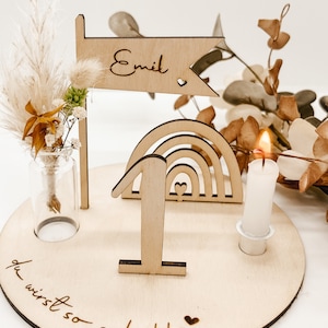Pu&ograve; includere: Decorazione di compleanno in legno con un arcobaleno, un numero uno, una candela e una bandiera che dice "Emil". La base della decorazione dice "du wirst so geliebt", che si traduce in "sei cos&igrave; amato".