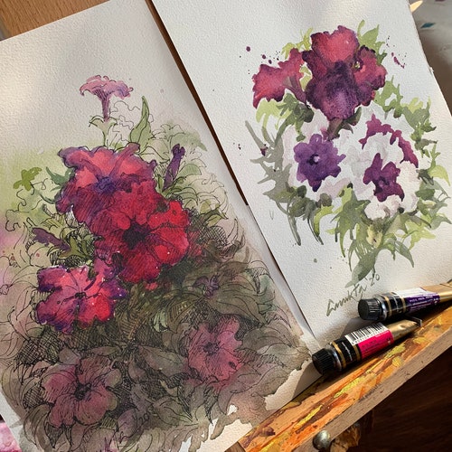 Lilies with pen & watercolour- Watercolour floral painting- a handmade sales painting, ideal for owning, gifting for Birthdays and Anniversaries
