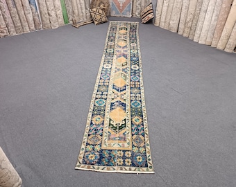 Handmade Oushak Wool Runner Rug: Vintage Turkish Hallway Rug (12.7x2.2 Ft)