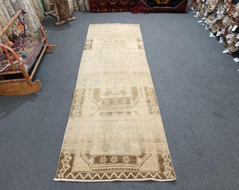 Handmade Oushak Turkish Runner Rug: 3x9 Bohemian Decor