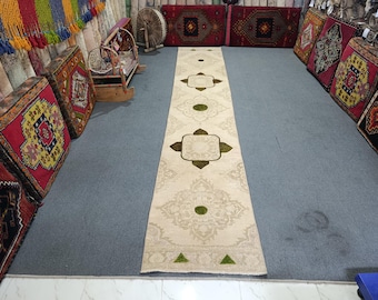 Handmade Wool Turkish Runner Rug: Vintage Anatolian Kitchen Rug