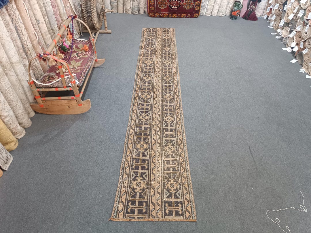Vintage Turkish Runner Rug: 2x10 Neutral Anatolian Rug, Handmade