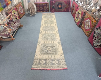 Vintage Turkish Oushak Runner Rug: Faded Wool Hallway Rug (11.3x2.3 Ft)