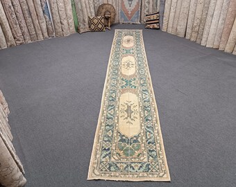 Handmade Wool Turkish Rug Runner: Vintage Oushak Style, 2x13 ft