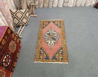 2x4 Vintage Turkish Oushak Rug: Bohemian Geometric Doormat