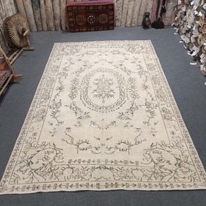 6x9 Vintage Turkish Oushak Rug: Handmade Wool Cotton Blend
