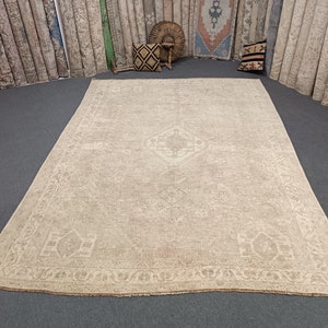 Vintage 7x10 Rug Oushak Rug Living Room Rug Pastel Rug Turkish Rug Faded Rug Bedroom Rug 9.7x7.1 Ft Rug Handmade Wool Rug Living Room Rug