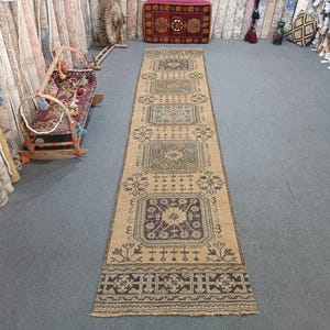 Handmade Oushak Turkish Runner Rug: Vintage Wool, 3x12 Ft