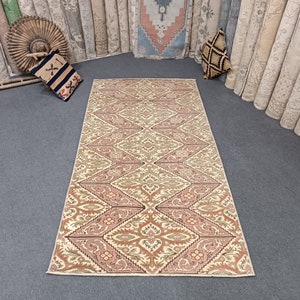 Small Vintage Turkish Oushak Rug: 3x6 Pink Beige Green Floral Rug