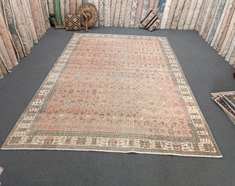 7x10 Vintage Turkish Rug: Handmade Wool Cotton Bohemian Rug