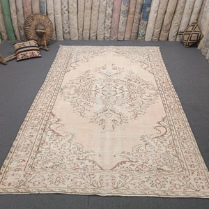 6x9 Vintage Oushak Rug: Beige Brown Anatolian Wool Rug