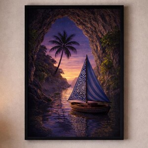 熱帯の洞窟と帆船のアート、夕暮れのラグーンからの脱出、リビングルームの装飾、海岸冒険好きへのユニークなギフト
