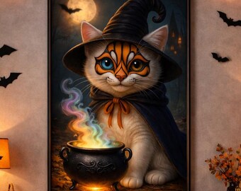 Witch Cat Halloween Art, Spooky Cauldron, Kids Room Decor (Digital Download)