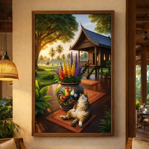 Relaxing Cat Cottage Art, Thai Countryside Veranda Scene for Living Room Decor, Unique Gift for Cat Lovers and Farmhouse Fans